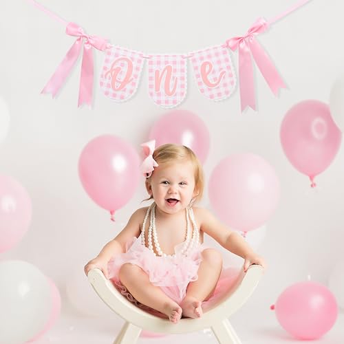 Image of Bow First Birthday High Chair Banner - Pink Bow 1st Party Decoration, Coquette First High Chair Banner, Coquette One Birthday Photo Prop