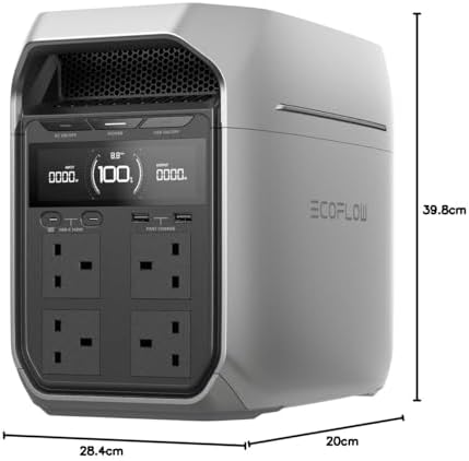 EcoFlow Delta 3 Plus en uso, detalle de conectores y pantalla