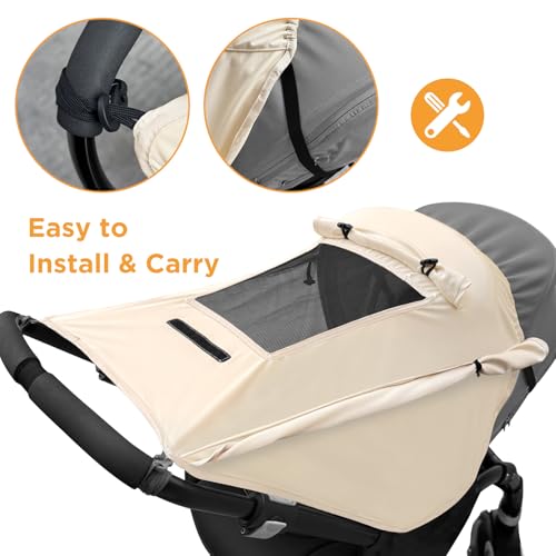 WD&CD Kinderwagen Sonnensegel, Premium Sonnensegel für Kinderwagen mit UV Schutz 50 +, mit Sichtfenster und extra breite Schattenflügel, hell-Khaki