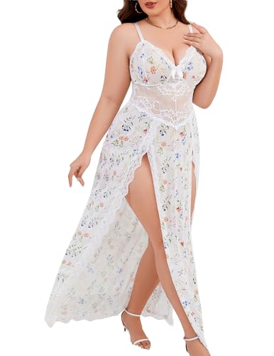 Image of Alrovetoney Plus Size Lingerie For Women Babydoll Sexy Mesh Maxi Nightdress Exotic Sleepwear Side Slits