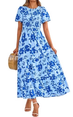 Image of PRETTYGARDEN Women's 2026 Summer Casual Flutter Short Sleeve Boho Floral Maxi Dress Crew Neck Smocked Tiered Long Dresses