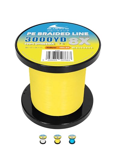 BLUEWING Braided Fishing Line 8 Strands, 300yd/500yd/3000yd 15-120LB PE Thin Diameter & Abrasion Resistant Fish String for Saltwater, Blue, White, Yellow