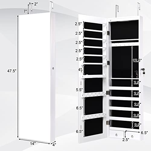 NAFORT 2 LEDs Mirror Jewelry Armoire, 47.5" H Door or Wall Mounted Jewelry Cabinet with Frameless Mirror, Lockable Jewelry Storage Box, Hanging Jewelry Organizer with 2 Drawers, White3