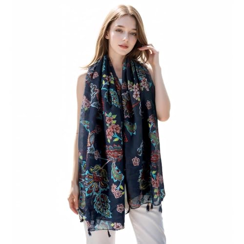 Womens Scarves Lightweight - Ladies Linen Scarfs Tassel Print Long Shawls and Wraps for Spring Autumn