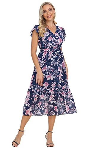 Image of VintageClothing Womens Sundress Casual Floral Summer Boho Dress | Flowy Wrap V Neck Ruffle A-Line Pleated Hem Midi Dresses