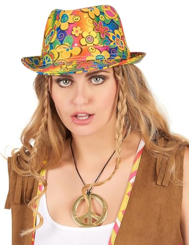 DEGUISE TOI - Chapeau borsalino hippie à fleurs adulte - Chapeau - Taille Unique - Coloré - Accessoires pour déguisement - 100% Polyester 100% Polyester - Laver à la main - Carnaval