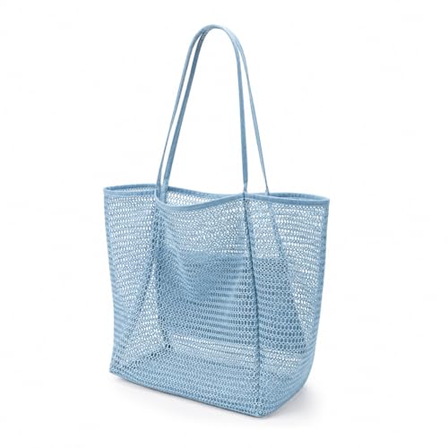 Image of FALFFS Large Mesh Beach Bag for Women – Summer Vacation Essentials Tote with Zippered Inner Pocket, Foldable Net Tote for Swim Gear, Pool, Gym & Travel – Lightweight & Quick-Dry (Blue)
