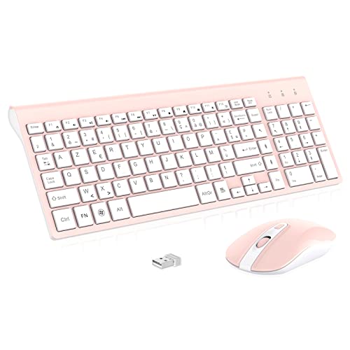 cimetech Clavier Souris sans Fil, AZERTY Français Clavier, Ultra-Fins Silencieux Clavier et Ergonomique Souris Combo, Connexion 2.4 GHz, pour PC/Portable/Ordinateur (Rose)