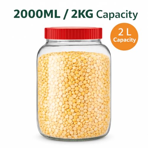 Image of 2000ml Glass Storage Jar Pack of 2 with Red Screw Lid | Airtight Round Glass Container for Kitchen Storage | Food Grade Pantry Jar for Rice, Dal, Flour, Sugar, Dry Fruits & Grocery