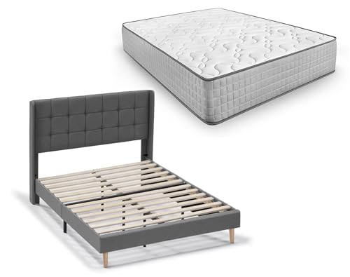 HOGAR24 ES - Estructura de Cama Tapizada con Cabecero, Láminas de Madera + Colchón Viscoelástico Natur Plus Edition 24, Medida: 135x190 cm