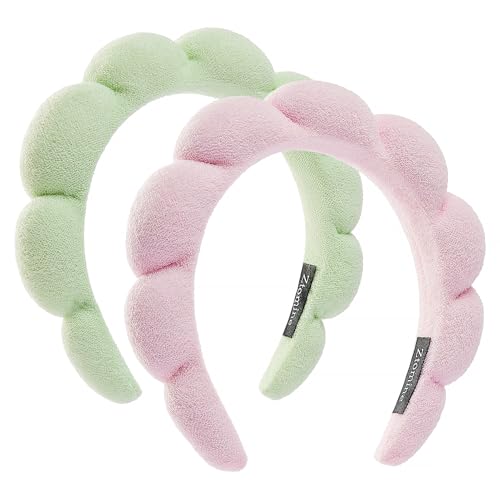 Ztomine Spa Headbands for Washing Face or Facial, Set of 2 Skincare Headbands, Terry Cloth Headband Wash Combo Pack - Puffy Makeup Washing, Mask, Skin Treatment(Pink + light green)