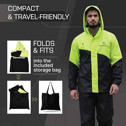 Image of Robustt Pongee Rain Suit for Men or Women (Size- XL to XXL)| Waterproof Rain Coat and Pant Set | Adjustable Hood, Reflective Strips| Lightweight Bike Rain Jacket for Riders| Packable with Storage Bag
