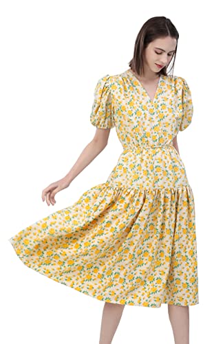 Image of Shineflow Women's Short Sleeve V-Neck 3 /4 Sleeve Button Up Chiffon Floral Pleated Midi Swing Dress with Belt