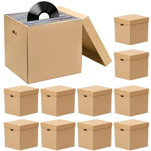 Gilprop 10 Set 12\" Vinyl Record Storage Box Corrugated Paper Lp Moving Boxes with Lids and Handle for Organize Vinyl Album, Each Holds up to 60 Records or Lps 15-3/8 x 13-15/16 x 13-15/16 inch