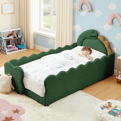 DaylayLumen Twin Size Kids Daybed with Dinosaur-Shaped Headboard Upholstered Boucle Fabric Bed with Safety Guardraild Cute Kids Daybed for Girls Boys Green