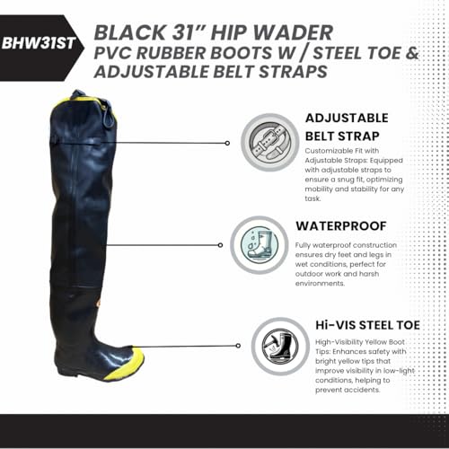 BHW31ST Black Hip Wader Waterproof PVC Rubber Rain Boots with Steel Toe, Fabric Lined and Adjustable Straps- Protective Footwear (1 Pair)3