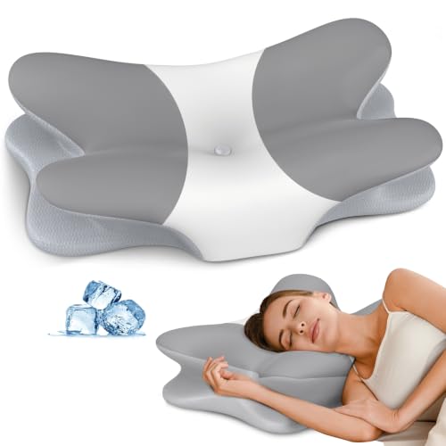 Cervical Pillow for Neck Pain Relief Ergonomic Neck Pillow for Sleeping Contour Pillow for Neck Support Memory Foam Pillows for Reading & Bed Rest Pillows for Sleepers (Grey & White)