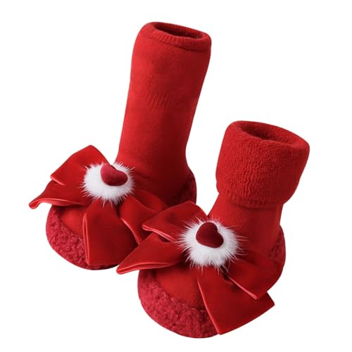 Antislip Red Thickened Baby Floor Socks with Heart Bow Sticker, Comfortable Toddler Floor Socks for New Year's Day, for (M)