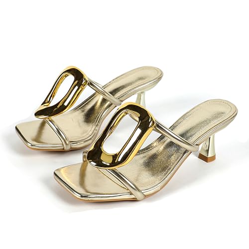 Women's Metal Square Buckle Kitten Heel Slipper Sandals Fashion Square Toe Soft Sole Non-slip Slip-On Casual Sandals for Party, Evening, Date