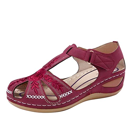 Tone Up Sandalen mit Keilabsatz, mehrfarbig, bestickt, Pantoffeln, Flip, Damen-Sandalen, Keilabsatz, Sandalen für Damen, rot, 39.5 EU