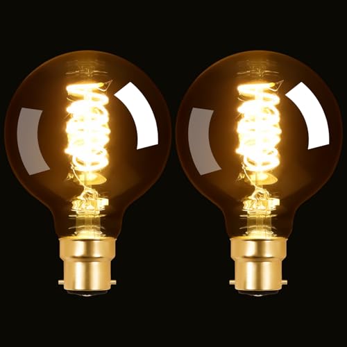 Terafeels 2 Pack B22 Vintage LED Light Bulbs G80 4W 2700K Warm White Antique Style Retro Amber Glass Spiral Filament Bayonet Light Bulb