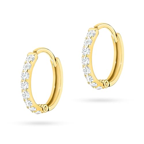 MARKO Echtgold Creolen Ohrringe 8 Karat Gelbgold 10mm mit Zirkonia Steinen Wasserfest Flacher Rücken Eleganter Gold Schmuck (Weiß)