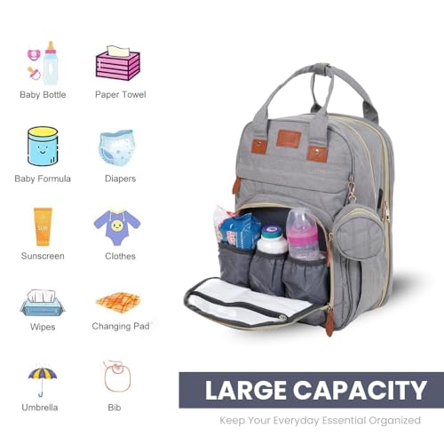Image of Diaper Bag Backpack with Built-in Changing Station,Large Capacity Waterproof Mummy Bag with Bassinet,Insulated Pockets,Laptop Compartment & Organizer for Baby Essentials Travel,Unisex-Grey