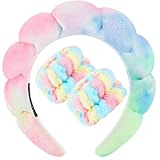 Zkptops Spa Headband for Washing Face Wristband Set Sponge Makeup Skincare Velvet Fabric Bubble Soft Get Ready Hairband for Women Girl Puffy Padded Headwear Non Slip Thick Hair Accessory(Tie Dye 2)