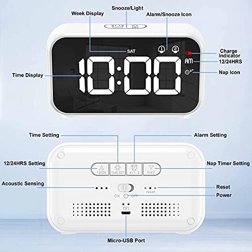 CHEREEKI Alarm Clock, Digital Clock with Nap Timer, Snooze, Battery Powered and USB Charging with Dual Alarms for Bedroom, Bedside, office& Travel (White)