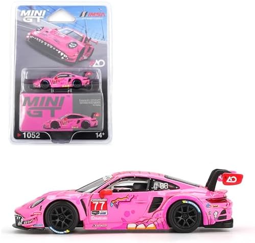 Modelo de carro fundido compatível com Porsche 911 GT3 R #77 AO Racing 2024 IMSA Road America (rosa) Edição Limitada Mini GT Escala 1:64 Embalagem Blister MGT01052