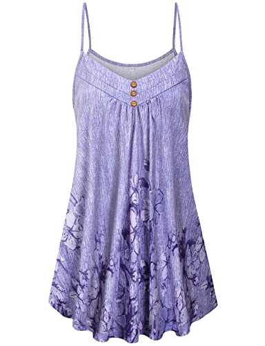 Viracy Beach Clothes for Women, Sleeveless Tropical Tank Tops Pleated Front Spaghetti Strap V Neck Flowy Camisoles Casual Pleated Floral Hawaiian Shirts,Purple-XL