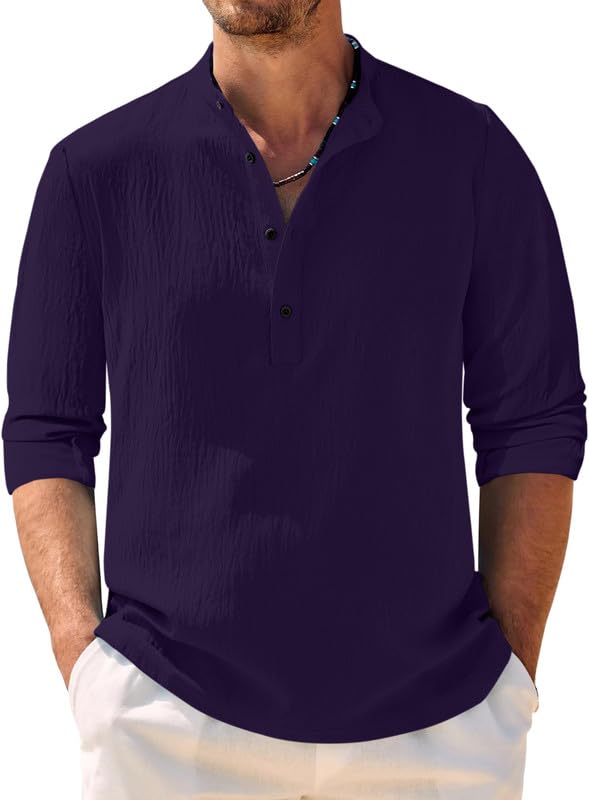 Chemise décontractée en tissu popcorn homme | Col mandarin manches longues respirante