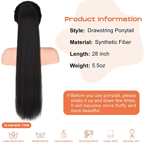 Seikea 28" Ponytail Extensions Drawstring Long Straight Fake Pony Tail Natural Soft Clip In Hair Extension Synthetic Heat Resistant Hairpiece - Black #TOP6