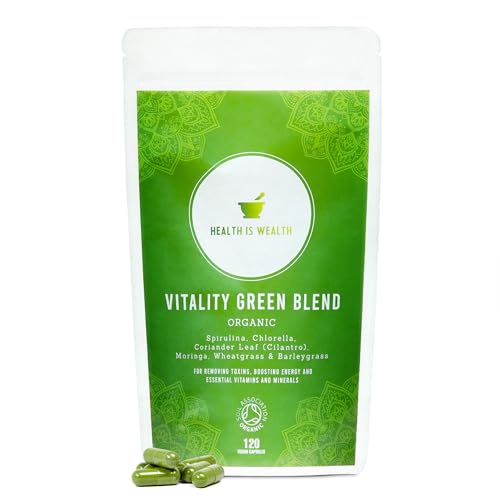 Organic Super Greens Capsules | Ultimate Green Blend of 6 Super Greens & Superfood Powder | 120 Capsules | Removes Toxins & Boost Energy | Gluten-Free, Vegan & Soil Association Certified