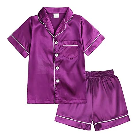 Conjunto de pijama de satén para niños y niñas pequeñas, manga larga, con botones, camisa y pantalones, Estilo B Morado Cover