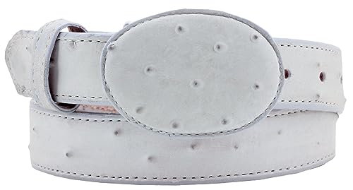 Mens White Ostrich Quill Print Leather Western Cowboy Belt Rodeo Buckle