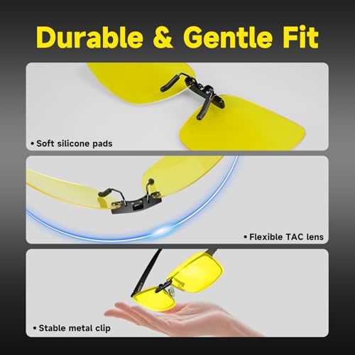Each Cool Night Vision Clip-On Glasses, 2-Pack Polarized Yellow Lens for Night Driving, Clip-On Over Glasses, Headlight Glare Comfort, UV400