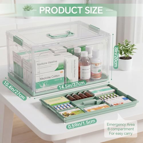 Image of Hushee 24QT Clear Medicine Storage Box for First Aid Supplies,Green | Removable Tray and Handle Design for Home, Travel and Emergency Supply Organization