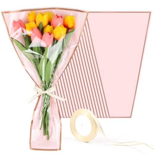 STEFORD 50Pcs Pink Flower Bags for Bouquets 11.2 x 17.7 Inch Plastic Floral Sleeves Wrapping Paper with Ribbons for Mothers Day Wedding Birthday Graduation Florist Wrap Supplies