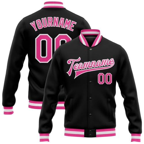 Generisch Herren Personalisierte Baseballjacke Baseball Jacke Oversize Bomberjacken College Jacke Langarm Baseballjacken Teenager Individuelle Namen Nummer Teamnamen (1-Pink)