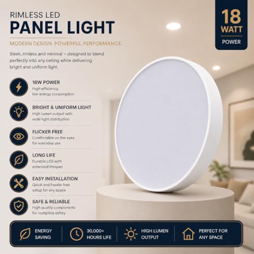 Image of STARKLE 18W Rimless Round LED Surface Panel Lights, 4000K Natural White Full Screen Ceiling Lamps, Energy Efficient Surface Mounted Lighting for Home, Office & Indoor Use (Pack of 6)