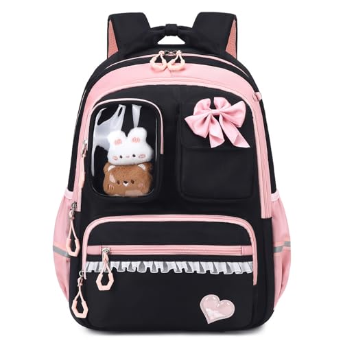 Amythe Schultasche Mädchen Rucksack Kinder, Atmungsaktiv und Bequem Schulrucksack für Mädchen 1. - 5. Klasse, Mode School Bag for Girls mit Reflektierend, 22 Liter, Schwarz Rosa