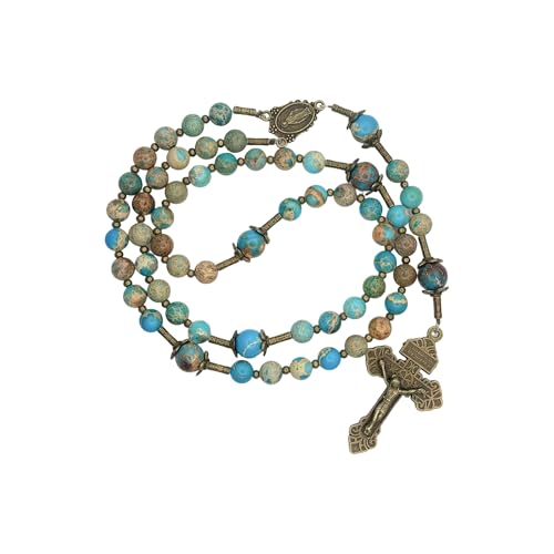 Intercession Handcrafted Blue Jasper Catholic Rosary with Bronze Crucifix