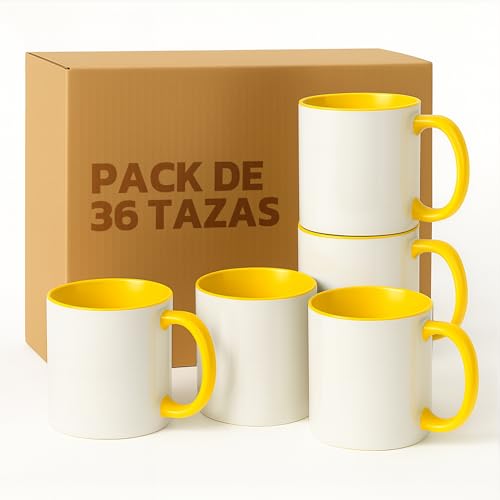 LA MENTE ES MARAVILLOSA - Tazas de Cerámica para Sublimación【Pack de 36】 11 oz/330 ml - Regalo Original | 8x10 cm | Ideales para Café, Té e Infusiones, Aptas para Microondas (Blanco/Amarillo)