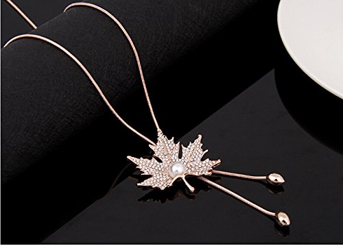Sweet Crystal Maple Leaf Pendant Necklace Pearl Adjustable Bohemian Style Flower Tassel Long Chain Sweater Necklace (Alloy-Plated-Rose Gold) #TOP4