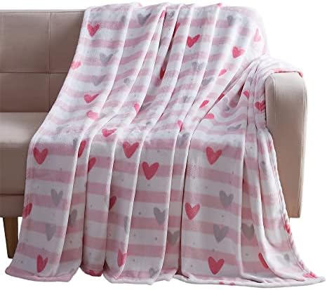 VCNY Valentine Soft Throw Blanket: Stripes and Hearts, Grey Pink Black White, Accent for Couch Sofa Chair Bed or Dorm (Design 5)