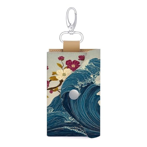 Cherry Tree Great Wave Key Holder Bag PU Leather ID Card Holder Keychains Case Cover for Men Women