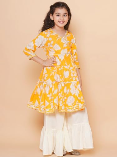 Image of Bitiya by Bhama Girls Yellow Floral Printed Angrakha Gotta Patti Pure Cotton Kurta with Sharara(TKS133)