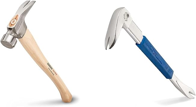 ESTWING Sure Strike California Framing Hammer - 25 oz Straight Rip Claw with Milled Face & Hickory Wood Handle - MRW25LM and ESTWING Pro Claw Nail Puller - 9" Pry Bar with Forged Steel Construction & No-Slip Cushion Grip - PC210G Bundle