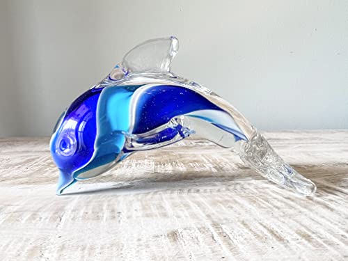 Top Brass 5 1/2" Glass Dophin/Porpoise Glass Figurine - Swirly Blue White Light Blue Sculpture - Nautical Ocean Beach Coatal Art - Collectible, Home Decor, Paperweight, Aquarium Sea Animal Ornament #TOP6